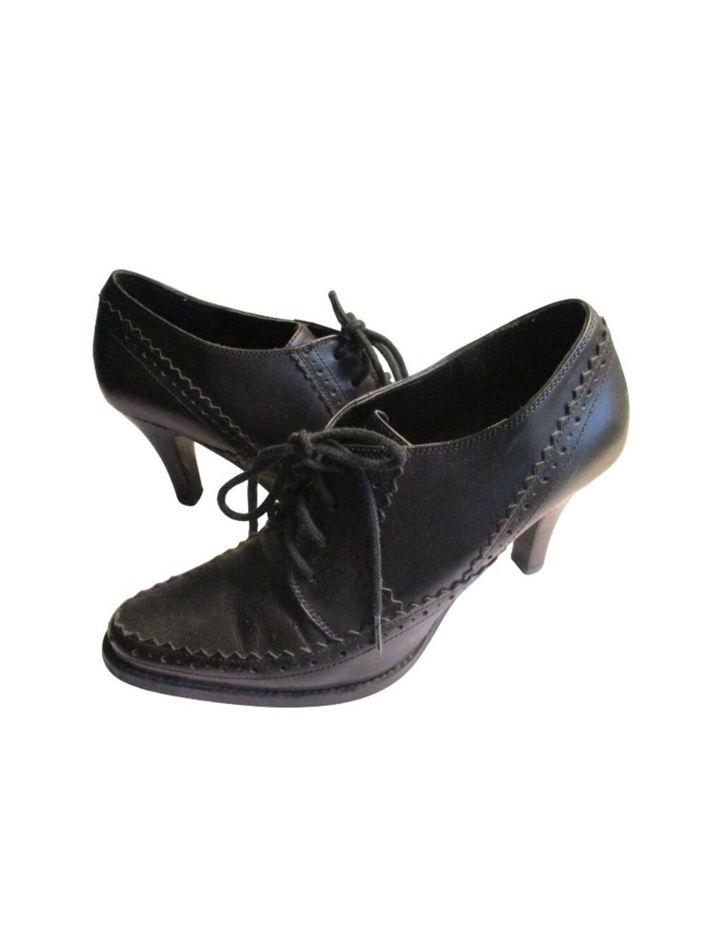 NY Transit Black Leather Lace-Up Heeled Oxfords - 6.5M - Brogue Detailing & Scal